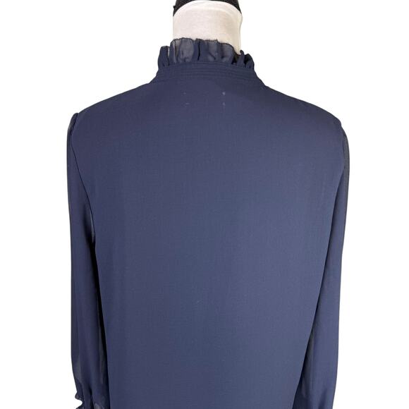 Carmen Marc Valvo Navy Sheer Chiffon Long Sleeve Button Up Business Blouse - Picture 7 of 13